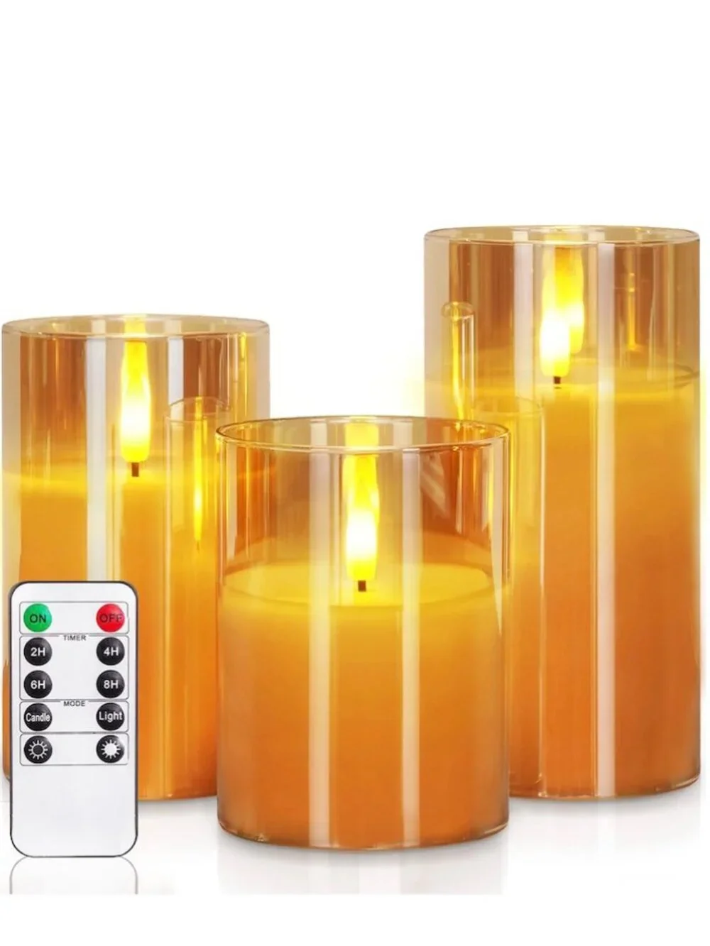Rachel Zoe Set of 3 Gold Glass Flameless LED Candles Remote Control Timer NEW